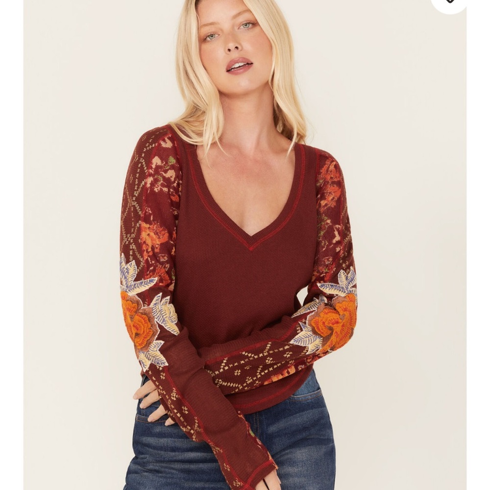 NWT Free People Amara Embroidery Trimmed Long Sleeve Top in Garnet Grotto XS
